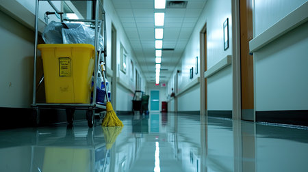 Professional Janitorial Staff Cleaning and Maintaining Public Corridor. A.I.の素材