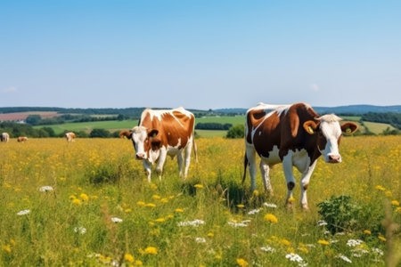 A curious Holstein cow gazes at the camera while grazing in a vibrant, sunlit field.の素材