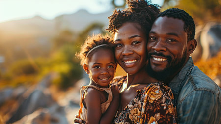A heartwarming family portrait capturing a joyful moment of a couple with their child in the golden light of sunset.の素材