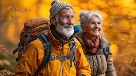 A joyful elderly couple sharing a moment of adventure while hiking in a forest ablaze with autumn colors.の素材