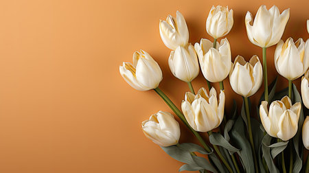 A delicate bouquet of white tulips elegantly placed against an orange background, celebrating International Women's Day with space for text.の素材