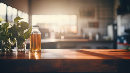 A wooden table in sharp focus with a cozy cafe interior softly blurred in the background.の素材
