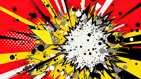 A graphic representation of an explosion in a vivid pop art style, featuring bold colors and halftone patterns.の素材
