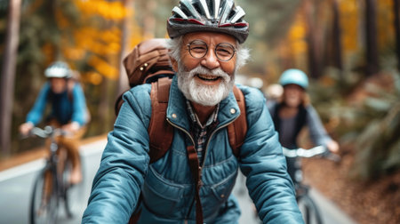 An exuberant elderly men enjoys a leisurely bike ride through an autumnal forest setting, showing the joys of active retirement.の素材