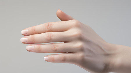 A close-up of a woman's hand showing a natural manicure and healthy, well-cared-for nails.の素材