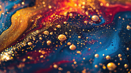 A close-up view captures the mesmerizing interplay of blue, red, and gold droplets in a dynamic abstract pattern.の素材