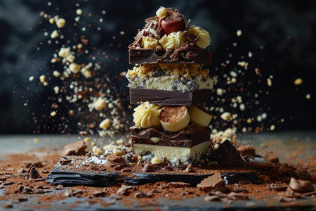 Stacked Dark Chocolate Pieces with Rich Cocoa Powder. A.I.の素材
