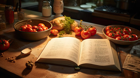 Warm sunlight bathes an open cookbook surrounded by bowls of fresh tomatoes and aromatic herbs on a kitchen table.の素材