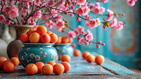 A rustic scene with ripe apricots in a traditional bowl and delicate pink blossoms for Nowruz.の素材