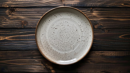 An elegantly simple speckled ceramic plate rests on a richly textured dark wooden table.の素材