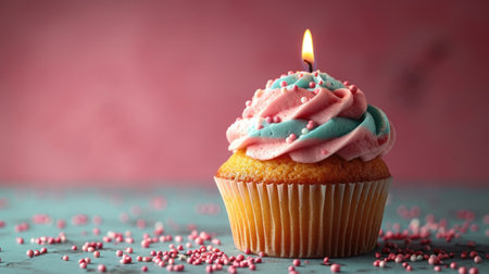 A single birthday cupcake with pink sprinkles and a lit candle against a bokeh light background.の素材