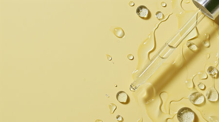 A pipette dropper releases a clear, nourishing serum onto a smooth surface.の素材