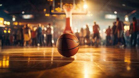A detailed close-up of a basketball resting on a glossy hardwood court, with stadium lights in the background.の素材