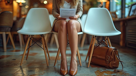 An anonymous businesswoman peruses her resume, seated elegantly in a waiting area before a job interview.の素材