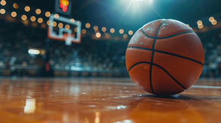 A detailed close-up of a basketball resting on a glossy hardwood court, with stadium lights in the background.の素材