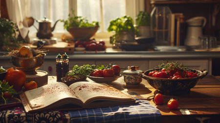 Warm sunlight bathes an open cookbook surrounded by bowls of fresh tomatoes and aromatic herbs on a kitchen table.の素材