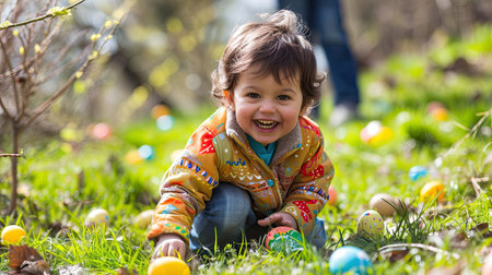 A young boy with sparkling blue eyes lies playfully among scattered, brightly painted Easter eggs.の素材