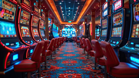 A luxury casino filled with vibrant neon lights and rows of high-tech slot machines.の素材