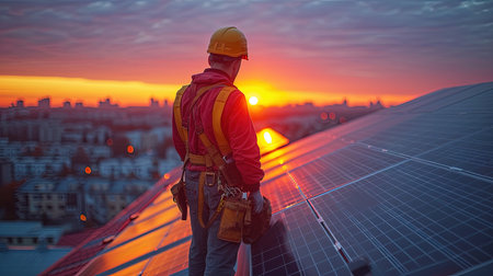 A skilled worker carefully installs solar panels against the backdrop of a stunning urban sunset, signifying the growth of renewable energy.の素材