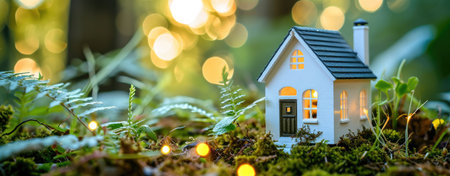 A charming miniature house sits surrounded by vibrant green foliage, basking in the warm, golden rays of early morning sunlight.の素材