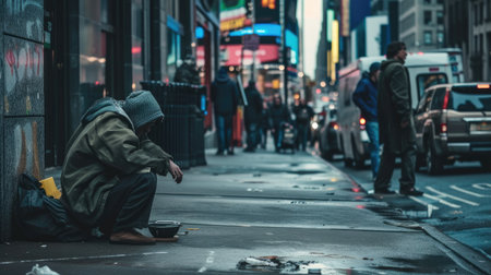 In the bitter city winter, a solitary figure huddles on the sidewalk, ignored by the passing crowd.の素材