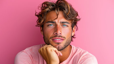 A contemplative young man with striking blue eyes poses thoughtfully against a vibrant pink background.の素材