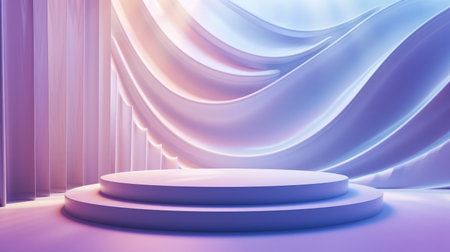 An empty circular stage illuminated by flowing neon lights in shades of blue and purple creates a serene and futuristic setting.の素材