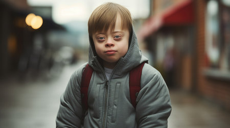 A Portrait of a schoolboy with down syndrome. A.I.の素材