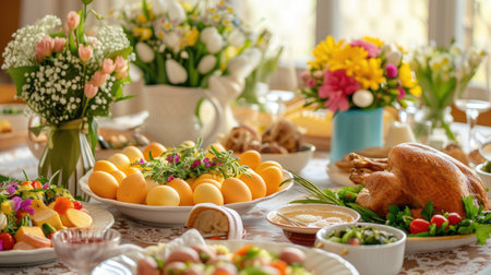 A sumptuously set Easter table with an array of seasonal dishes and a centerpiece of fresh spring flowers.の素材