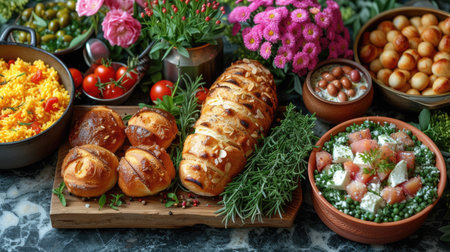 A sumptuously set Easter table with an array of seasonal dishes and a centerpiece of fresh spring flowers.の素材