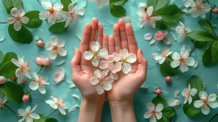 Hands holding cherry blossoms gently, representing natural skin care and beauty.の素材