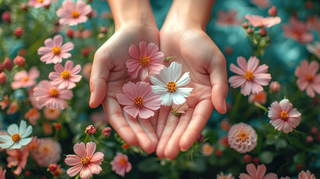 Hands holding cherry blossoms gently, representing natural skin care and beauty.の素材