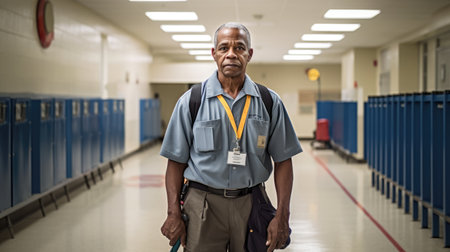Friendly School Janitor with Cleaning Equipment in Hallway. A.I.の素材