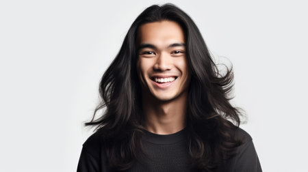 A cheerful young Asian man with flowing long hair and a radiant smile.の素材