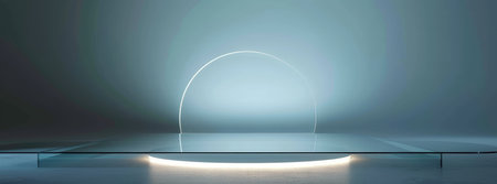 A minimalist glass podium accentuated by a soft neon glow creates a futuristic display setting.の素材
