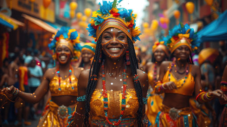 A joyous woman adorned in traditional costume and jewelry embodies the vibrant spirit of a multicultural urban festival.の素材