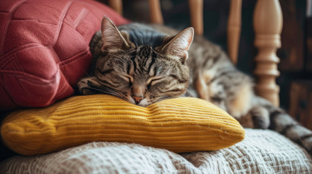A striped tabby cat enjoys a serene nap on a soft cushion.の素材
