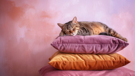 A young kitten dozes peacefully atop a stack of soft pastel pillows.の素材