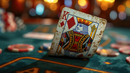 A worn King of Diamonds playing card stands out on a casino table surrounded by gambling chips.の素材