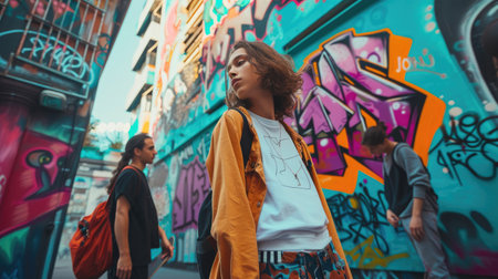 A group of trendy young friends showcases their individual style against a backdrop of urban graffiti.の素材