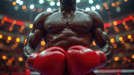 A determined boxer stands ready for a match, sporting red gloves and a focused expression in the boxing ring.の素材