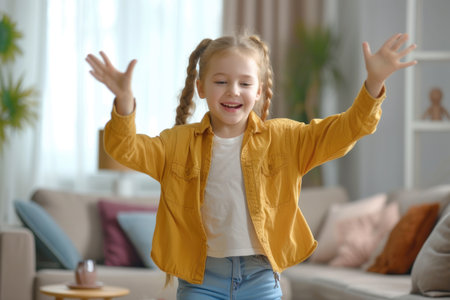 Young Girl Smiling, Dancing Viral Choreography with Joy.の素材