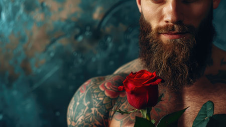 A deeply thoughtful tattooed man with a beard holds a rose, symbolizing a fusion of strength and tenderness.の素材