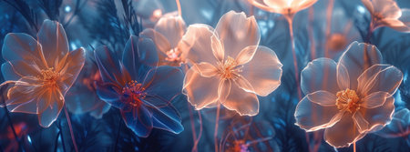 A breathtaking array of flowers glowing with neon light, creating a surreal and enchanting botanical banner.の素材