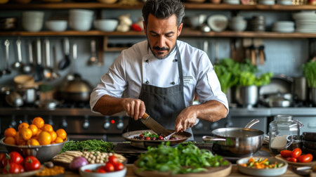A focused chef meticulously prepares a colorful gourmet dish in a well-equipped kitchen surrounded by fresh ingredients.の素材