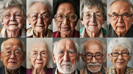 A collage of headshots showcases the rich diversity and storied faces of elderly individuals, each telling a silent tale of life lived.の素材