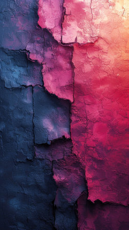 A close-up of a textured wall with a cracked paint finish in pastel pink and blue hues.の素材