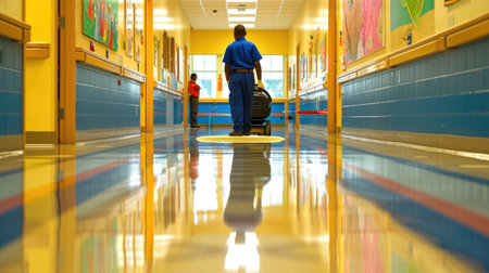 In the colorful corridor of a school, a dedicated janitor meticulously operates a floor scrubber, ensuring a clean and welcoming environment for students.の素材