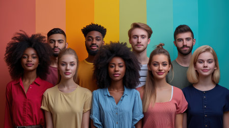 The image captures a group of young, diverse individuals confidently posing together, each adding to the dynamic tapestry against a vibrant, colorful background.の素材