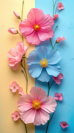 Large pastel-colored flowers artistically arranged on a split blue and yellow background.の素材